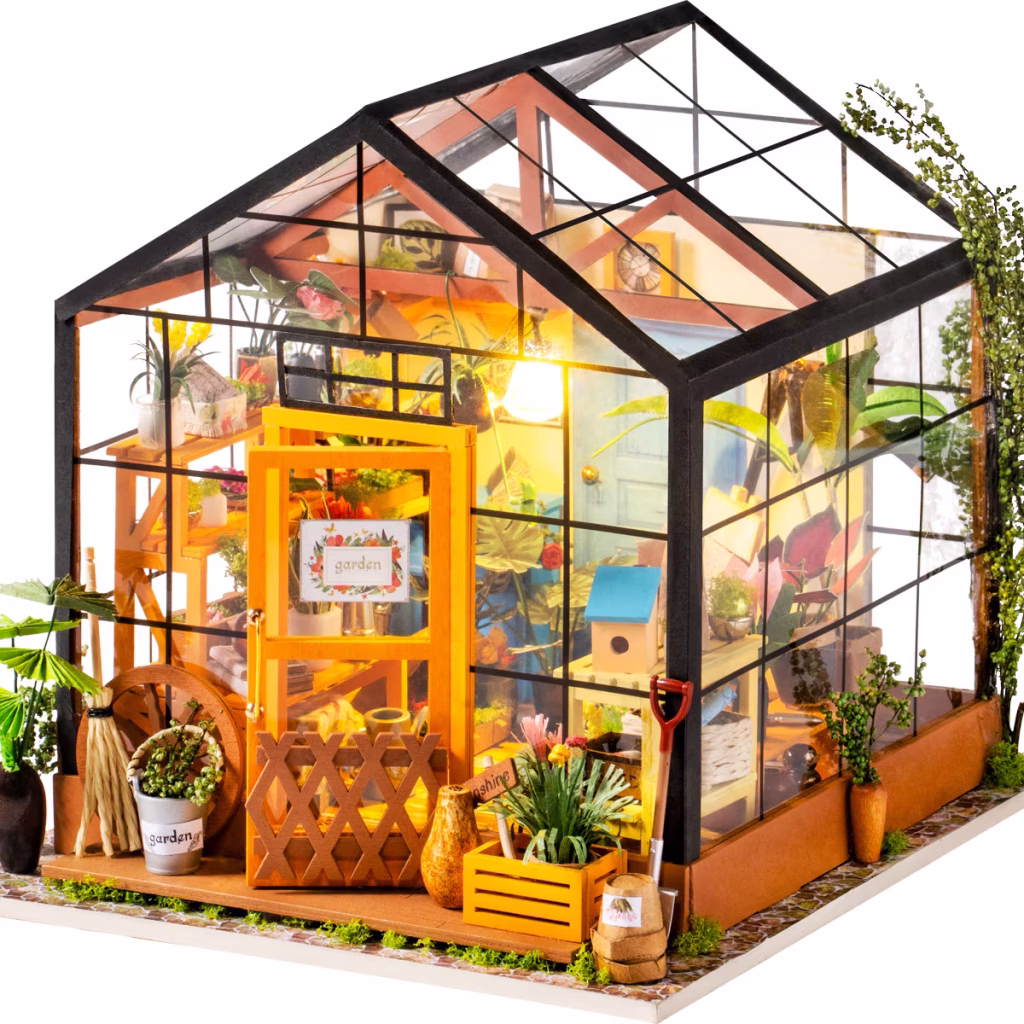 maqueta de casa en miniatura Rolife Kathy’s Flower House con diseño detallado de invernadero floral, ideal para montar, decorar y disfrutar del modelismo creativo